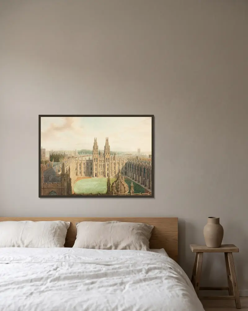 All Souls College från Radcliffe Library av Augustus Charles Pugin inramad på en vägg