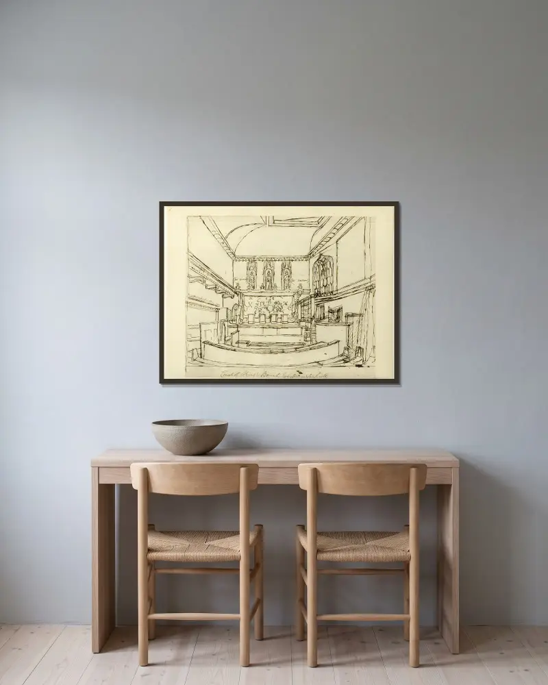Study for Court of King’s Bench, Westminster Hall, from Microcosm of London av Augustus Charles Pugin inramad på en vägg