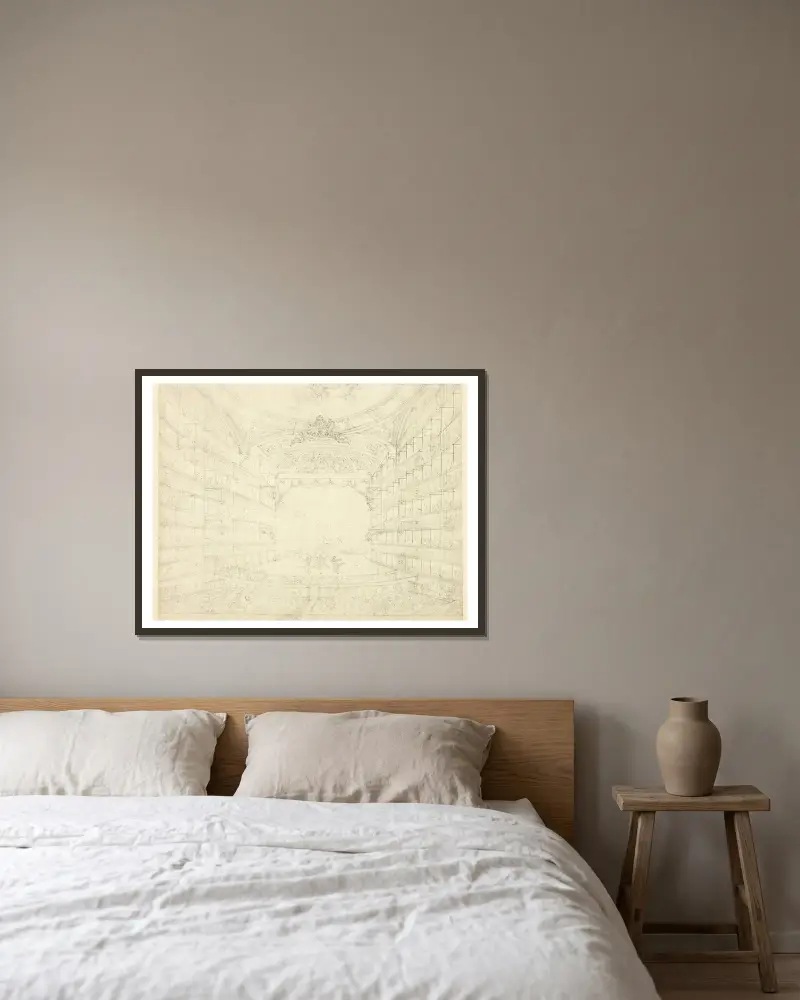 Study for Opera House, from Microcosm of London av Augustus Charles Pugin inramad på en vägg