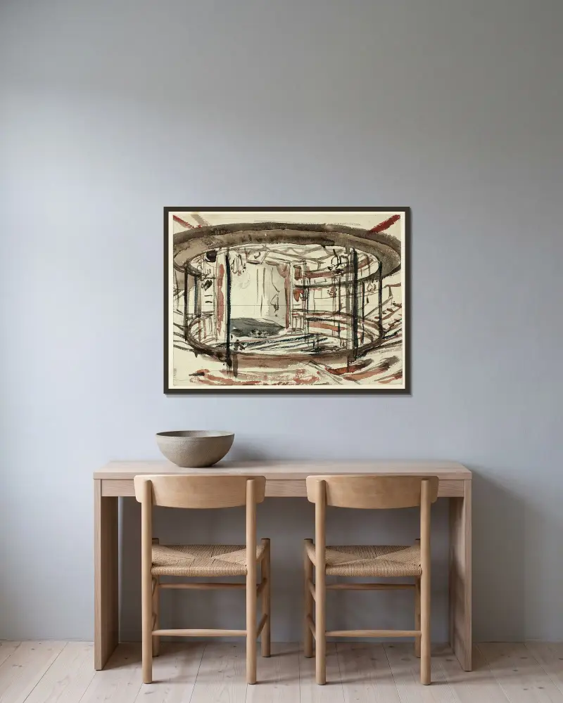 Study for Sadlers Wells Theater, 1809 – nr 1 av Augustus Charles Pugin inramad på en vägg