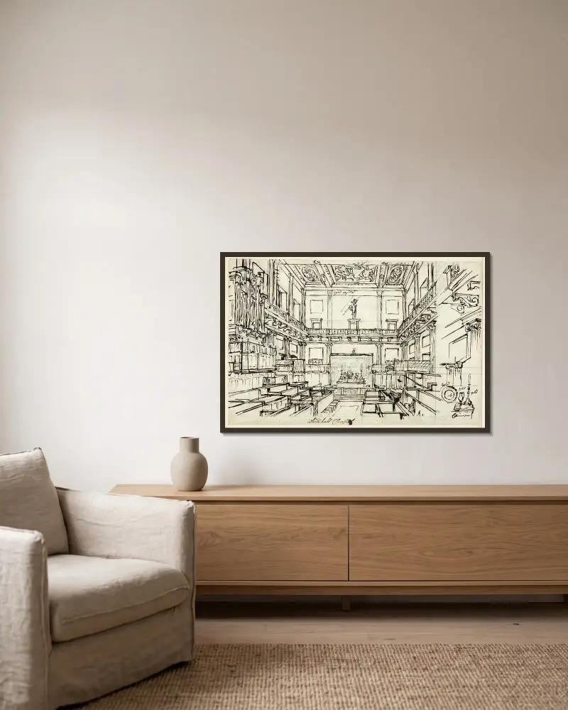 Studie för Whitehall Chapel, från Microcosm of London av Augustus Charles Pugin inramad på en vägg
