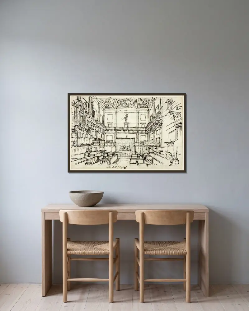 Studie för Whitehall Chapel, från Microcosm of London av Augustus Charles Pugin inramad på en vägg