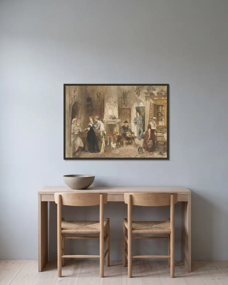 Beväpnade män i ett slott församlas i förrummet av Charles Rochussen inramad på en vägg