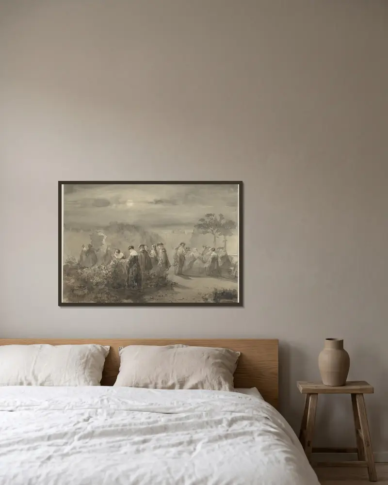 Gezelschap van dames en heren in een door de maan beschenen hof met rozenstruiken av Charles Rochussen inramad på en vägg