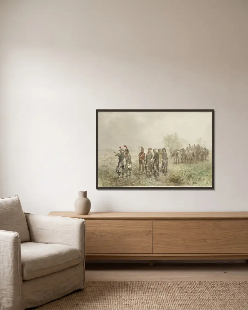 Ontmoeting van Franse officieren in Holland, 1793 av Charles Rochussen inramad på en vägg