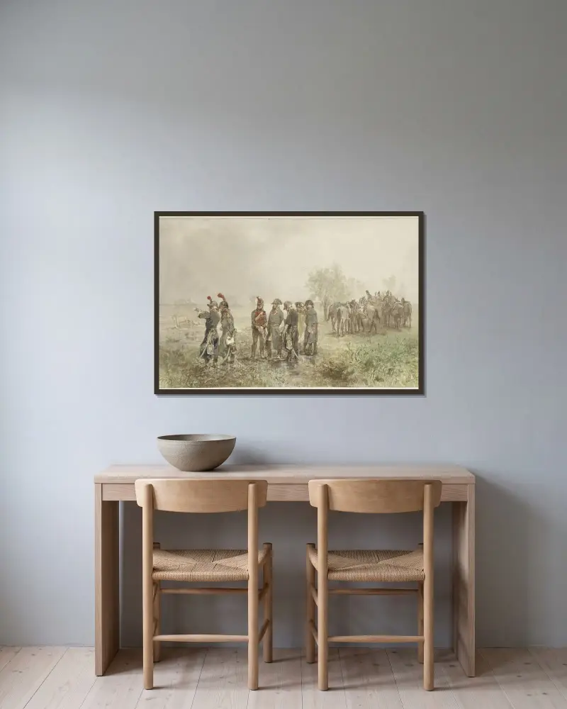Ontmoeting van Franse officieren in Holland, 1793 av Charles Rochussen inramad på en vägg