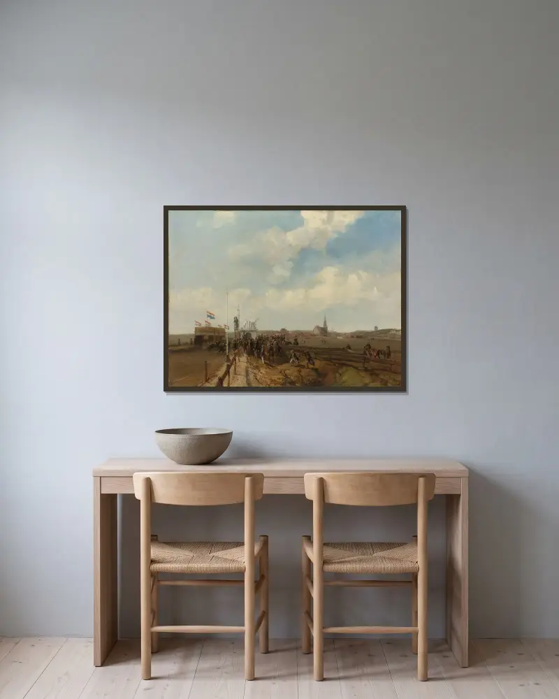 Kapplöpningsbanan i Scheveningen, öppnad 3 augusti 1846 av Charles Rochussen inramad på en vägg