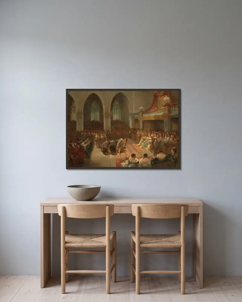 Vilhelm III:s och Maria Stuarts kröning, anno 1689 av Charles Rochussen inramad på en vägg