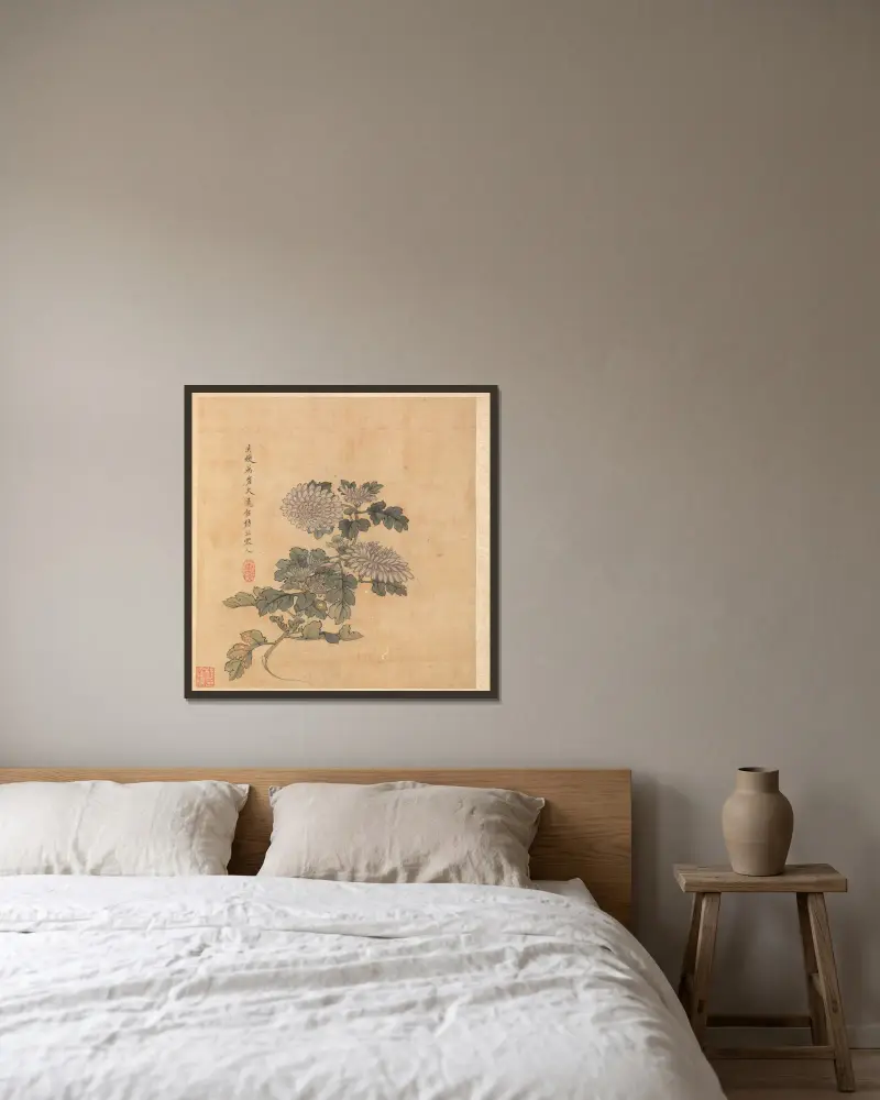 Chrysanthemum av Chen Hongshou inramad på en vägg
