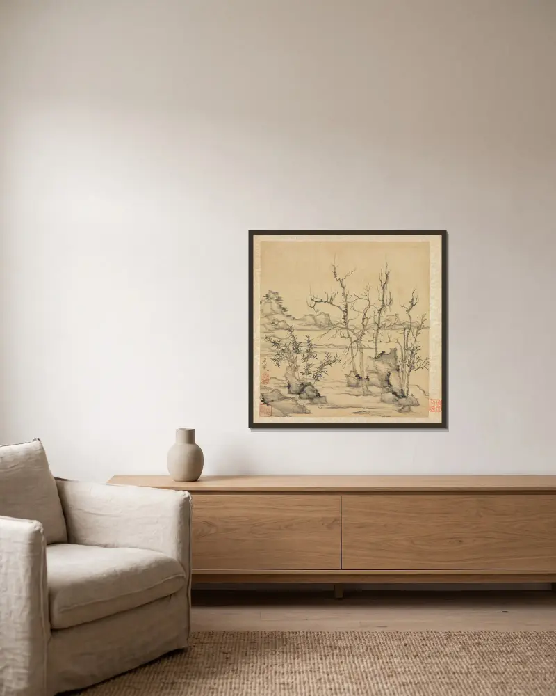 Landscape in the Style of Ni Zan av Chen Hongshou inramad på en vägg