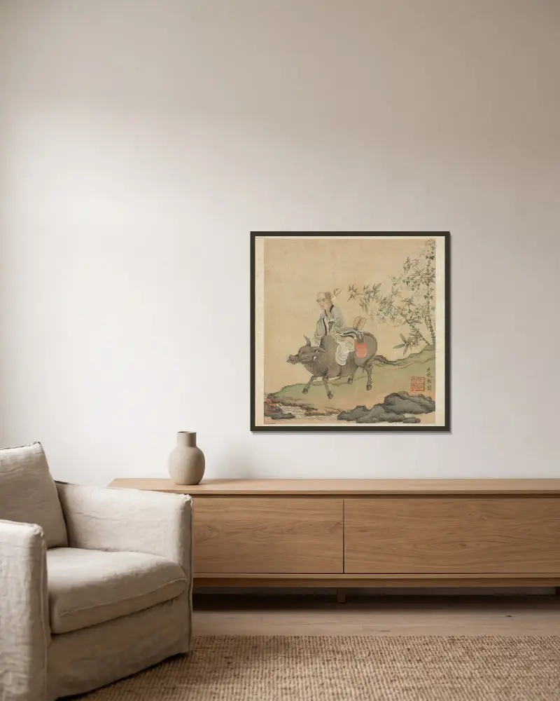 Laozi Riding an Ox av Chen Hongshou inramad på en vägg