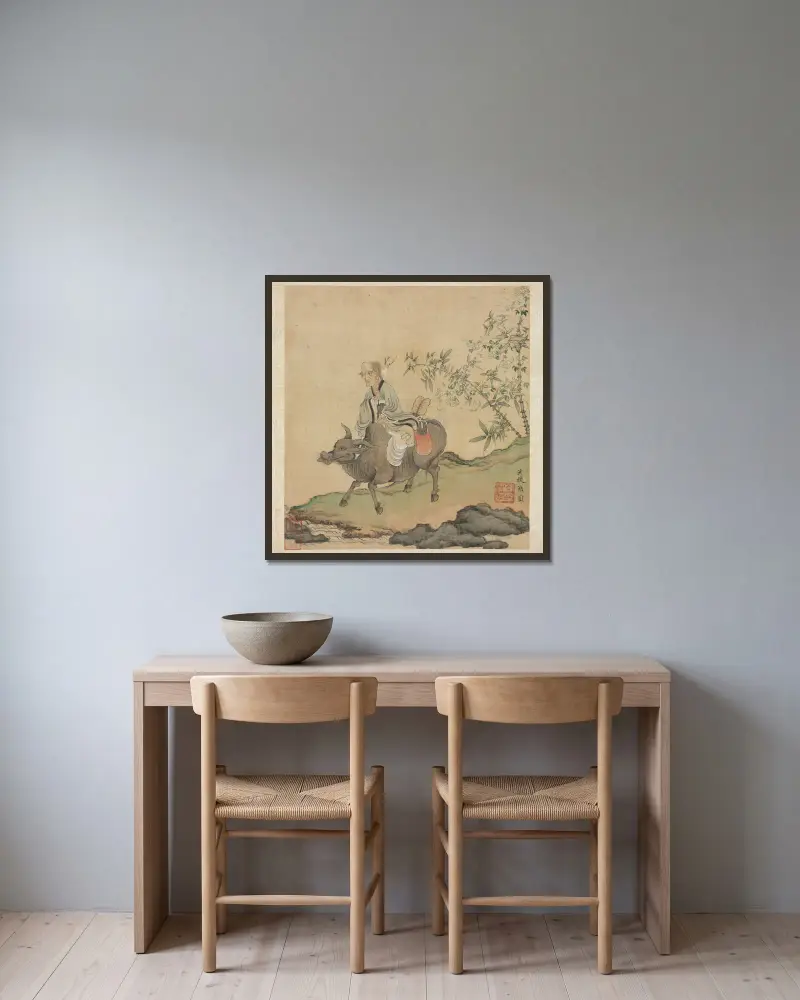 Laozi Riding an Ox av Chen Hongshou inramad på en vägg