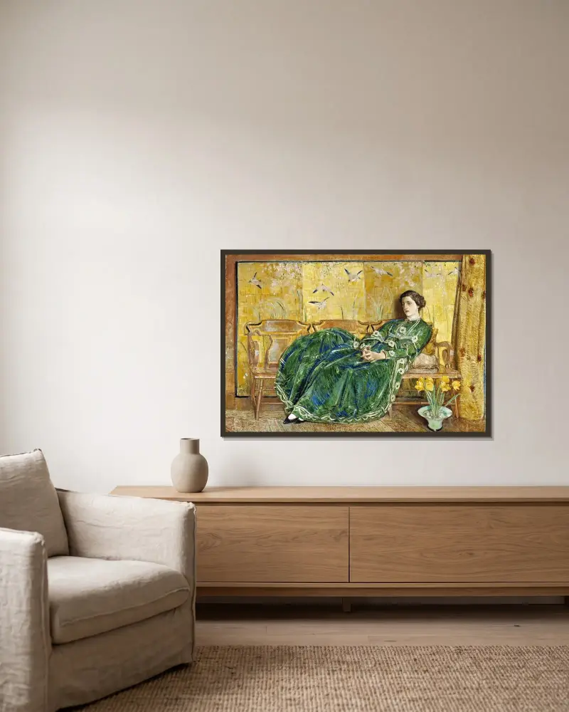 April (Den gröna klänningen) av Childe Hassam inramad på en vägg