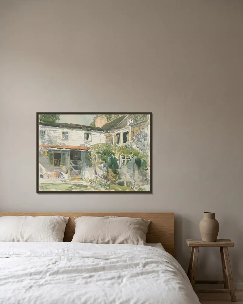 Baksidan av det gamla huset av Childe Hassam inramad på en vägg