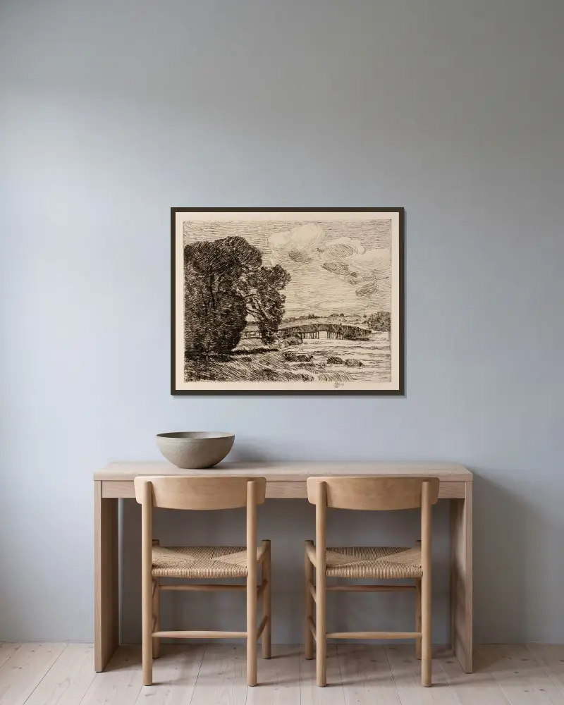 Bron vid Old Lyme av Childe Hassam inramad på en vägg