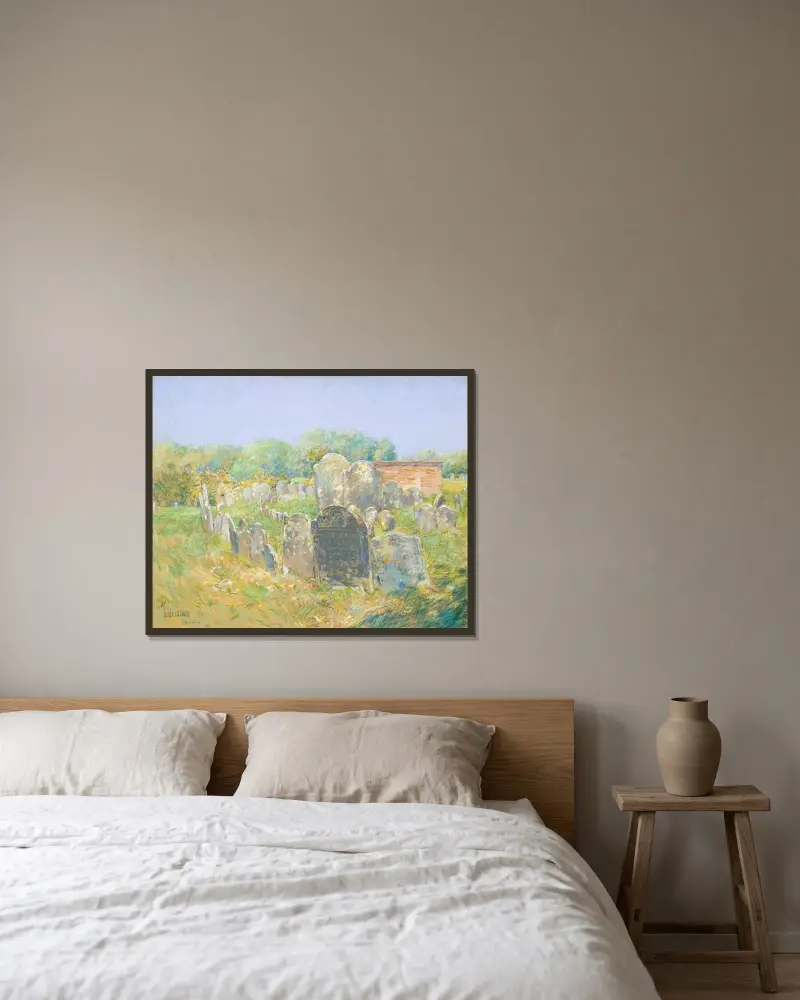 Kolonials kyrkogård i Lexington av Childe Hassam inramad på en vägg