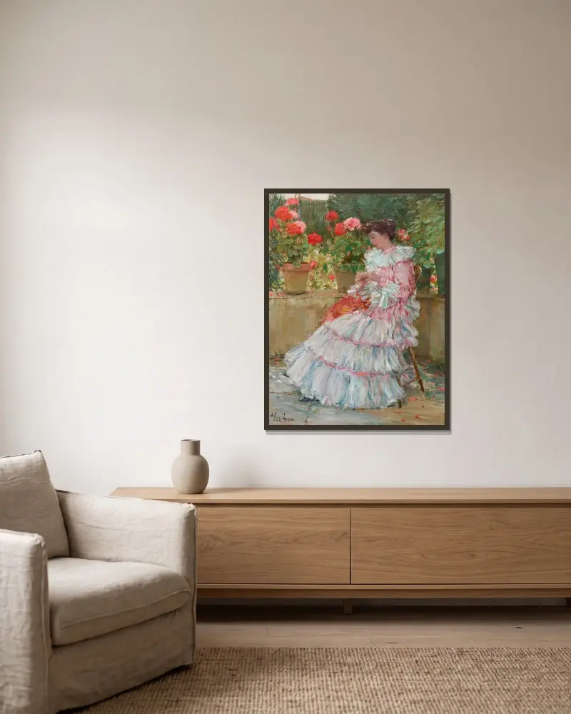 Geraniums av Childe Hassam inramad på en vägg
