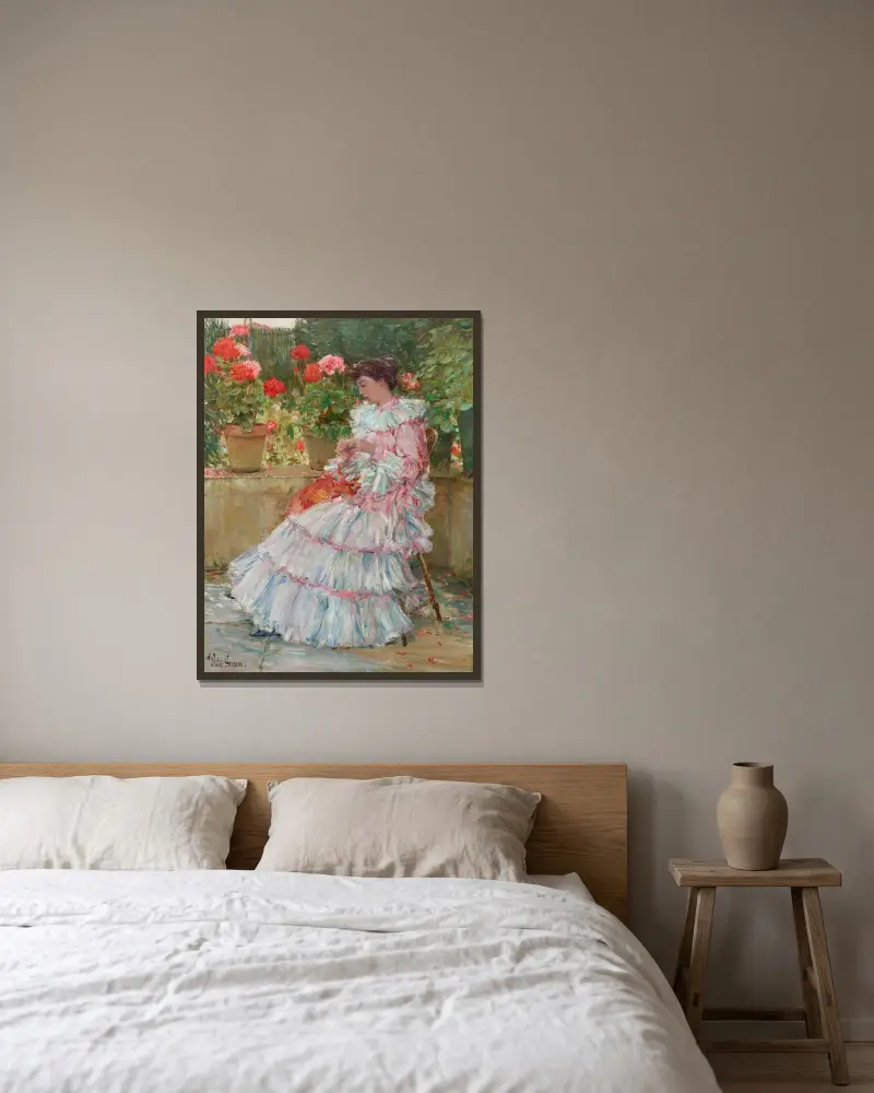 Geraniums av Childe Hassam inramad på en vägg