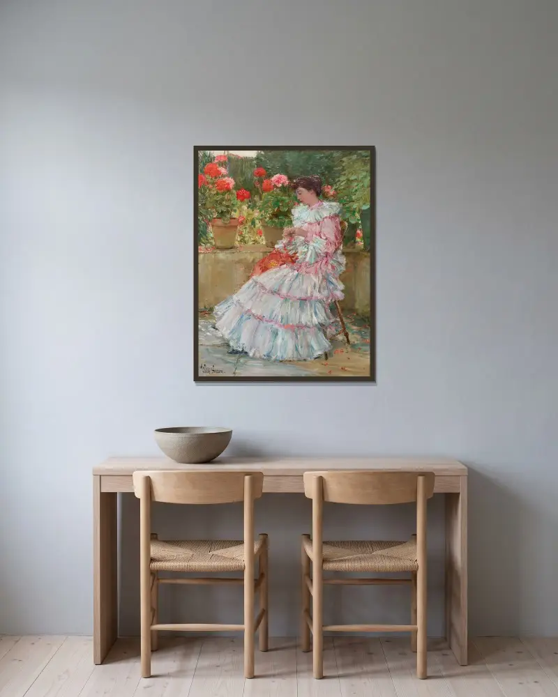 Geraniums av Childe Hassam inramad på en vägg