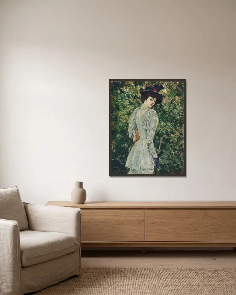 Dam i trädgård av Childe Hassam inramad på en vägg