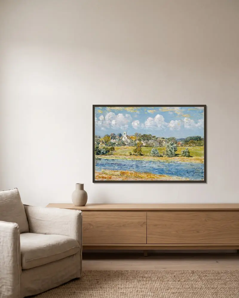 Landskap vid Newfields, New Hampshire av Childe Hassam inramad på en vägg
