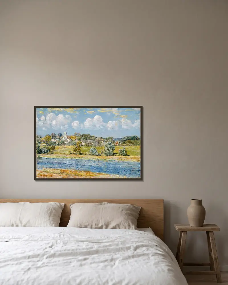 Landskap vid Newfields, New Hampshire av Childe Hassam inramad på en vägg