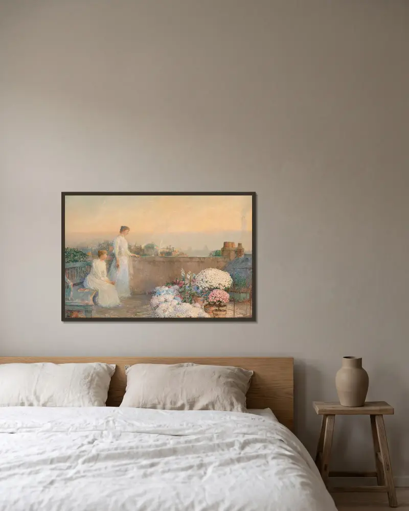 Skymning av Childe Hassam inramad på en vägg