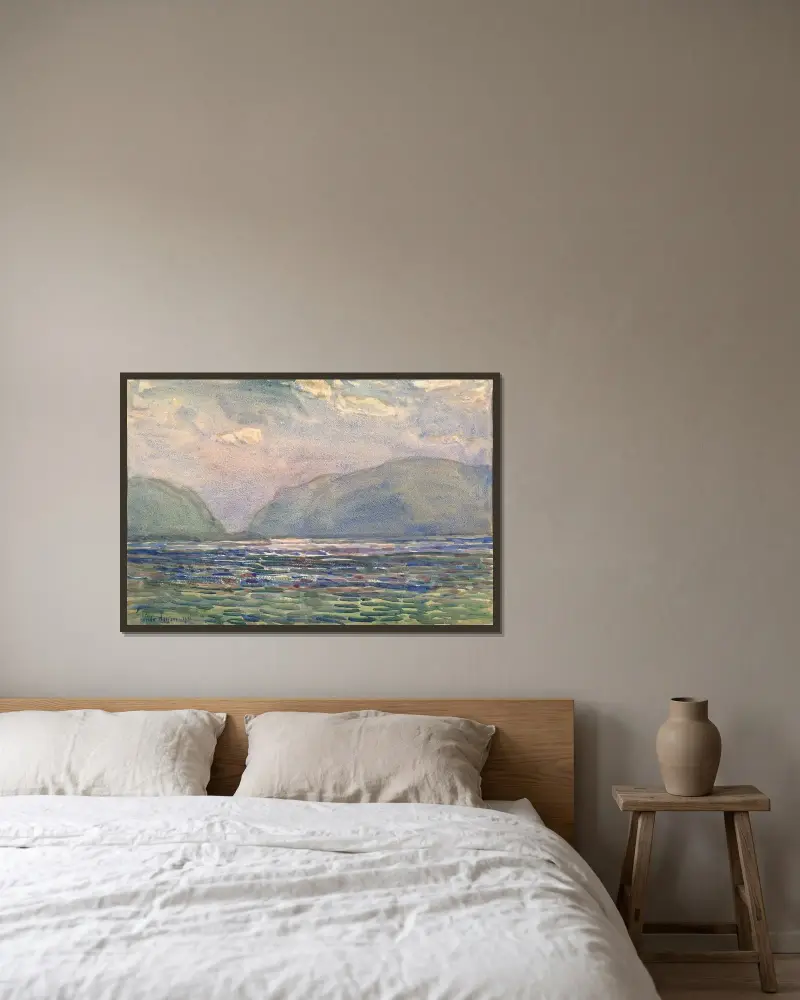 Middagstid ovanför Newburgh av Childe Hassam inramad på en vägg