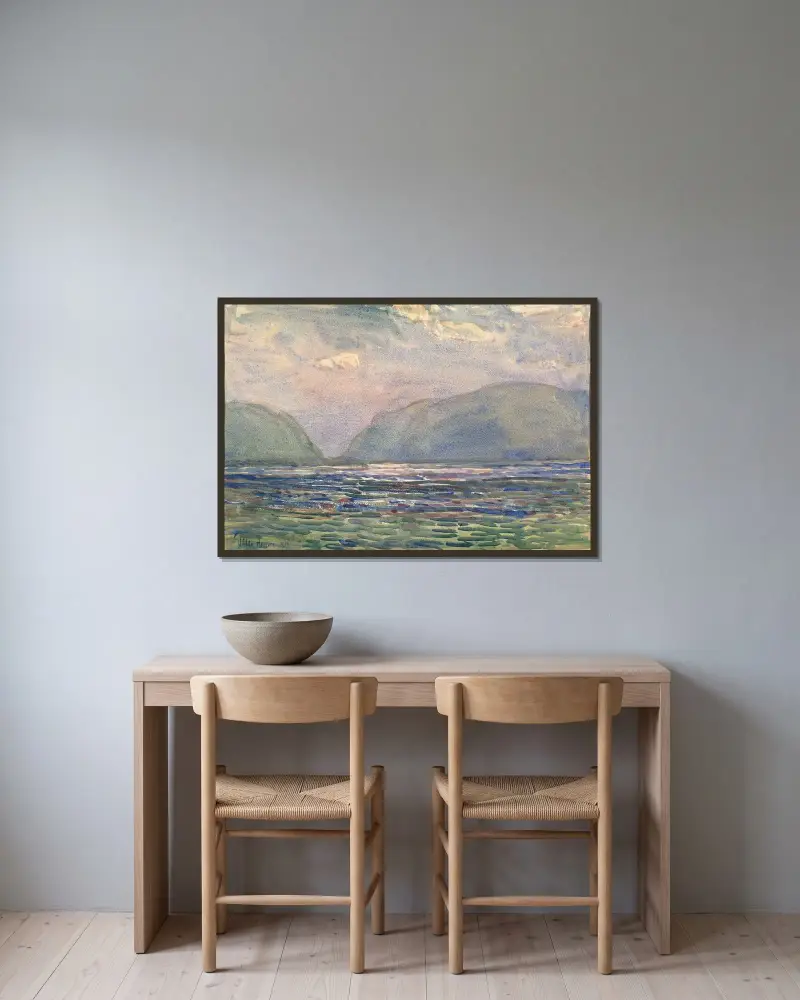 Middagstid ovanför Newburgh av Childe Hassam inramad på en vägg