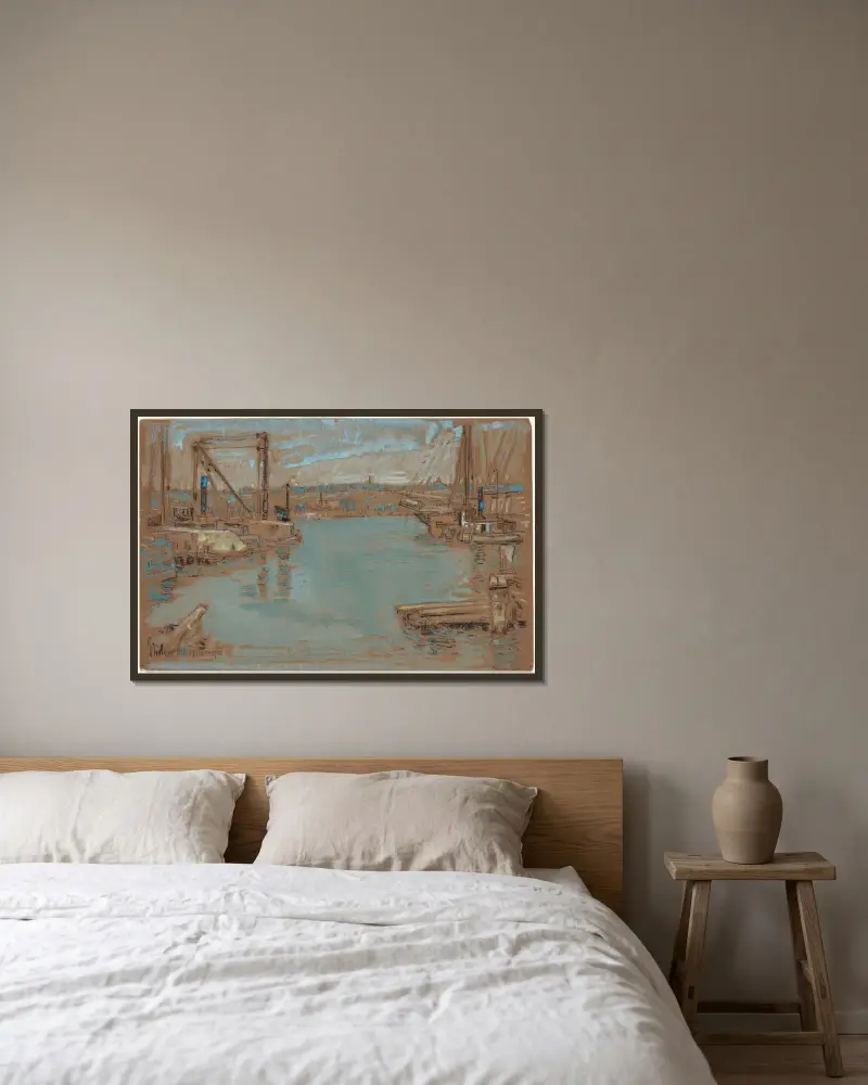North River Dock, New York av Childe Hassam inramad på en vägg