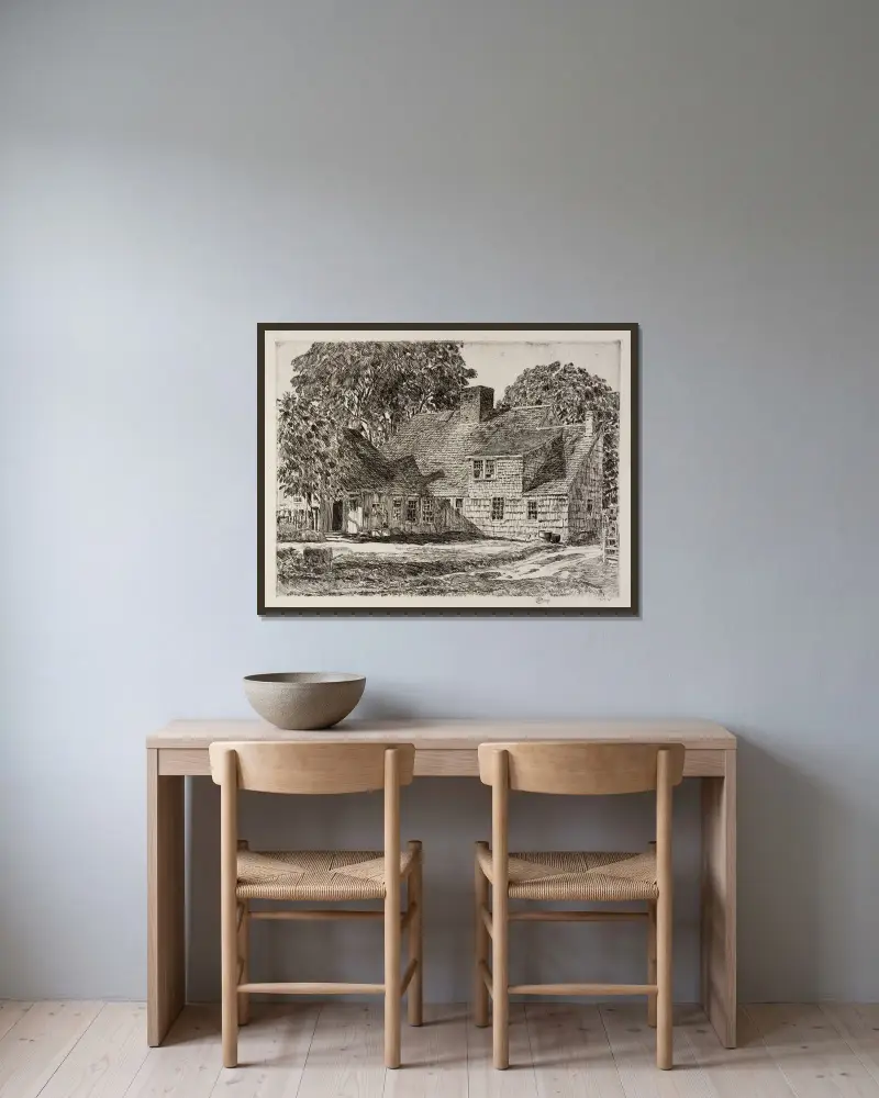 Gamla Dominy-huset av Childe Hassam inramad på en vägg