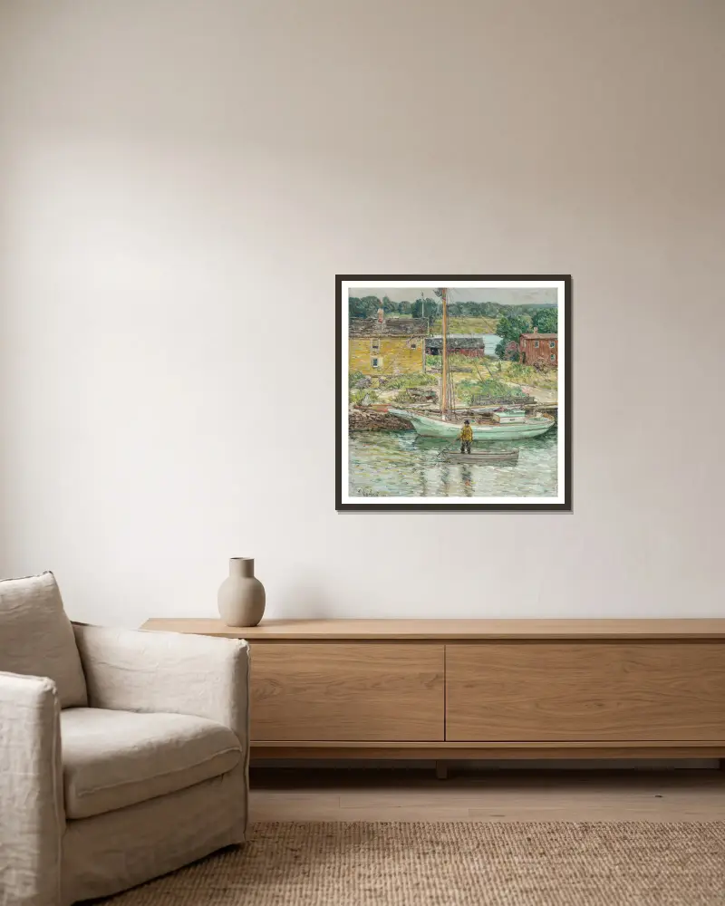 Austernschaluppe, Cos Cob von Childe Hassam gerahmt an einer Wand
