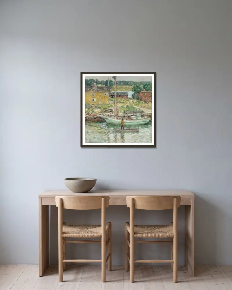 Austernschaluppe, Cos Cob von Childe Hassam gerahmt an einer Wand