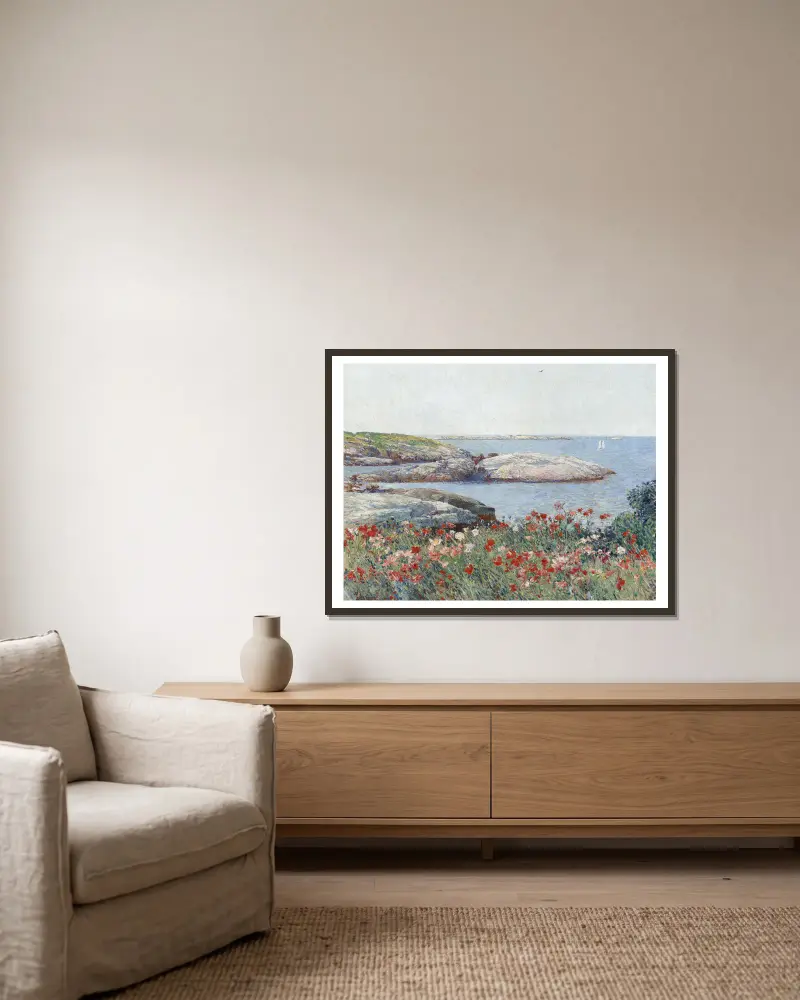 Poppies,Isles of Shoals av Childe Hassam inramad på en vägg