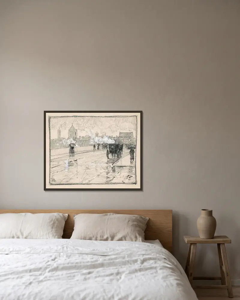 Regnig dag, Boston av Childe Hassam inramad på en vägg