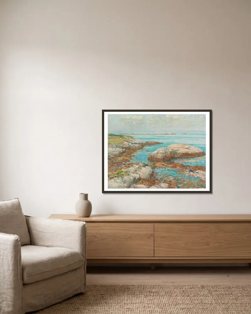 Rocks At Appledore, Morning av Childe Hassam inramad på en vägg