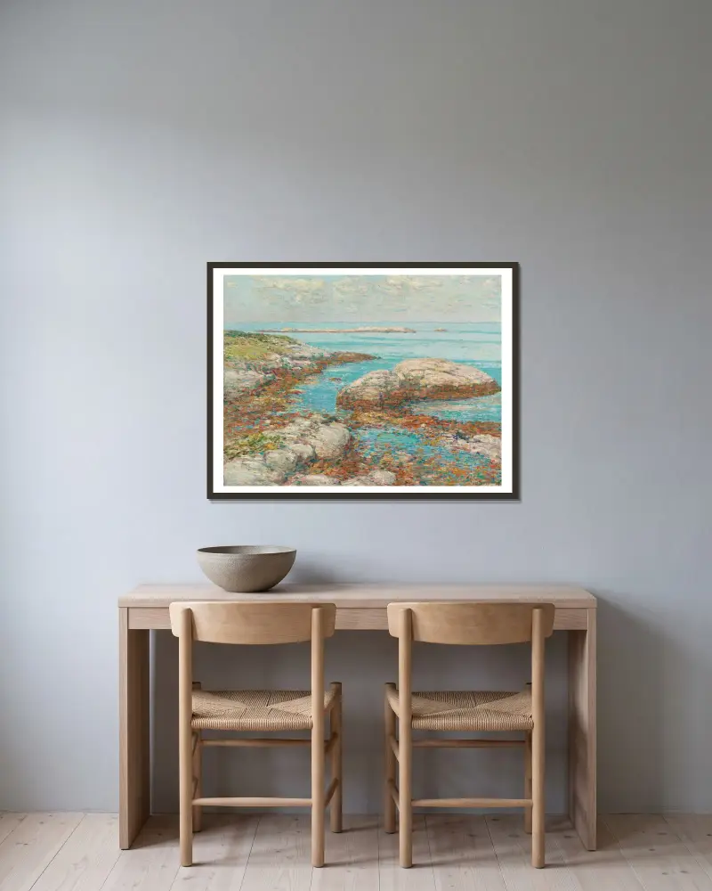 Rocks At Appledore, Morning av Childe Hassam inramad på en vägg