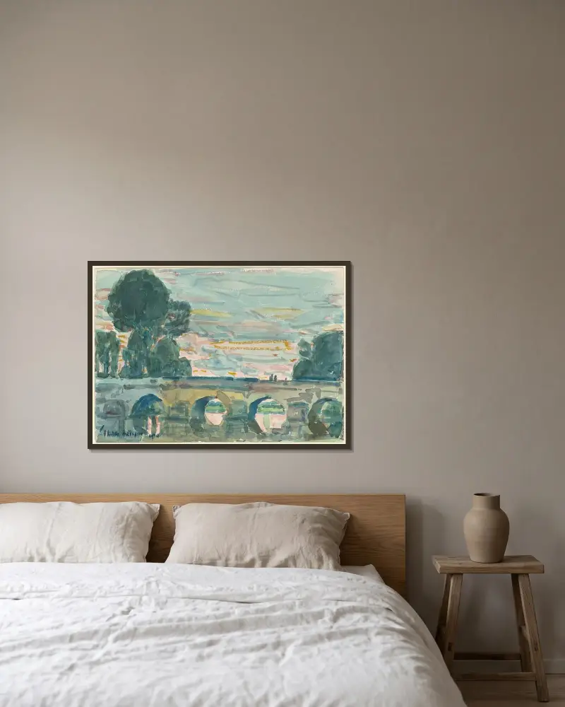 Bron vid Grez av Childe Hassam inramad på en vägg