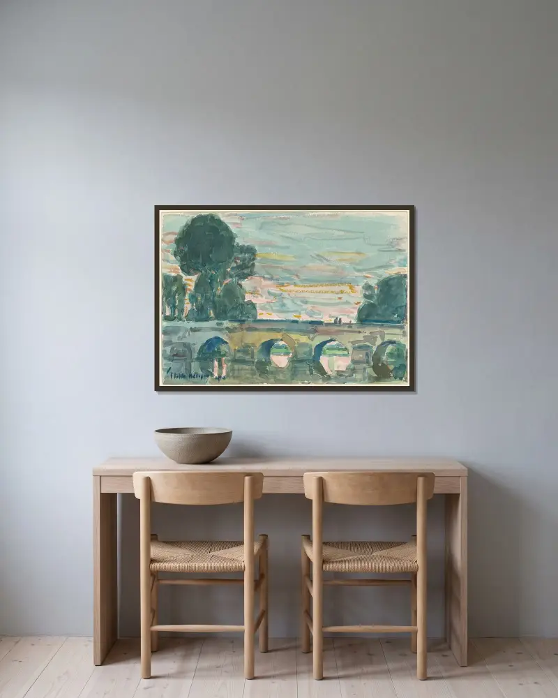 Bron vid Grez av Childe Hassam inramad på en vägg