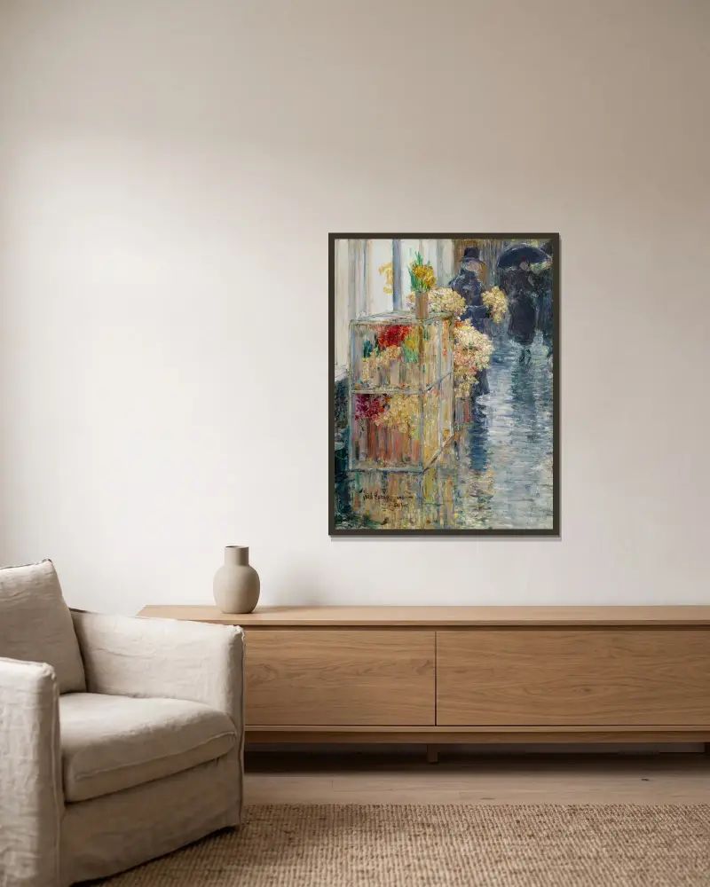 Blomsterförsäljerskan av Childe Hassam inramad på en vägg