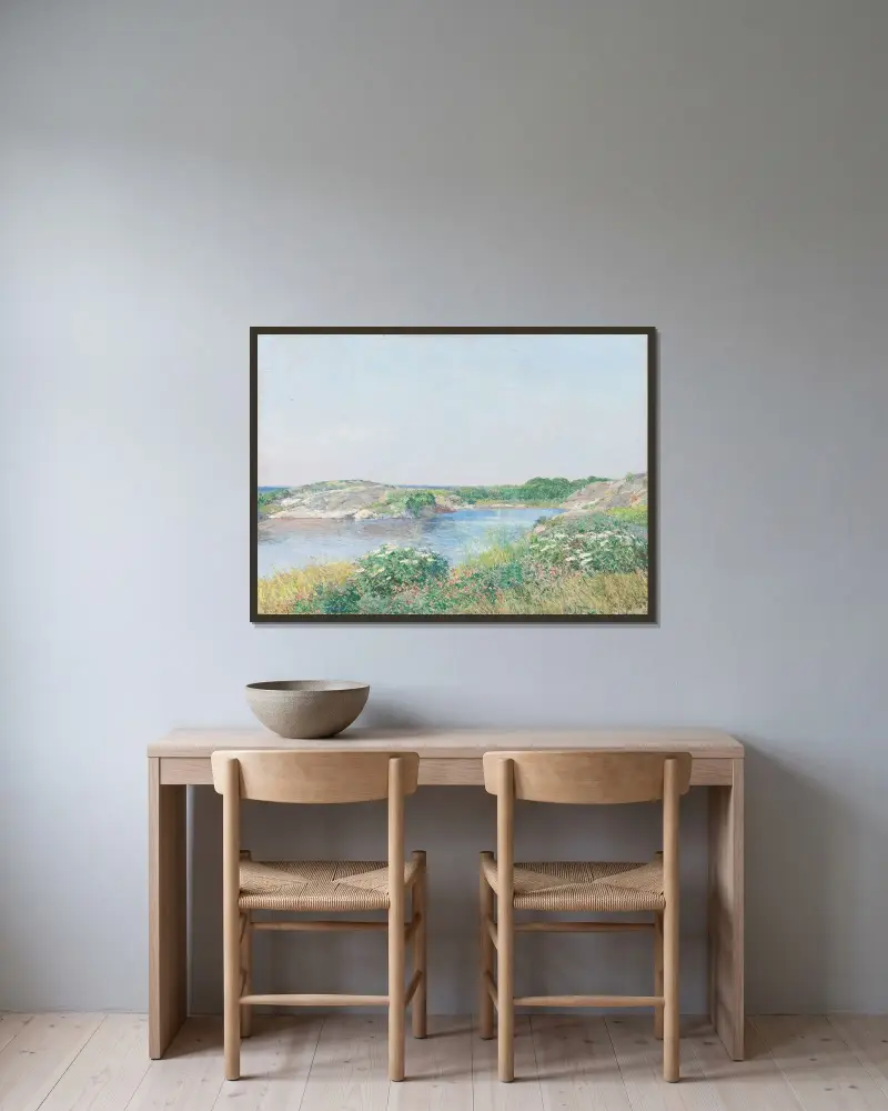 Den lilla dammen, Appledore av Childe Hassam inramad på en vägg