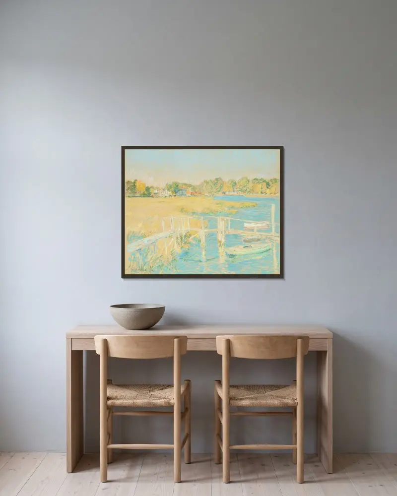 Uppför floden, sen eftermiddag, oktober av Childe Hassam inramad på en vägg