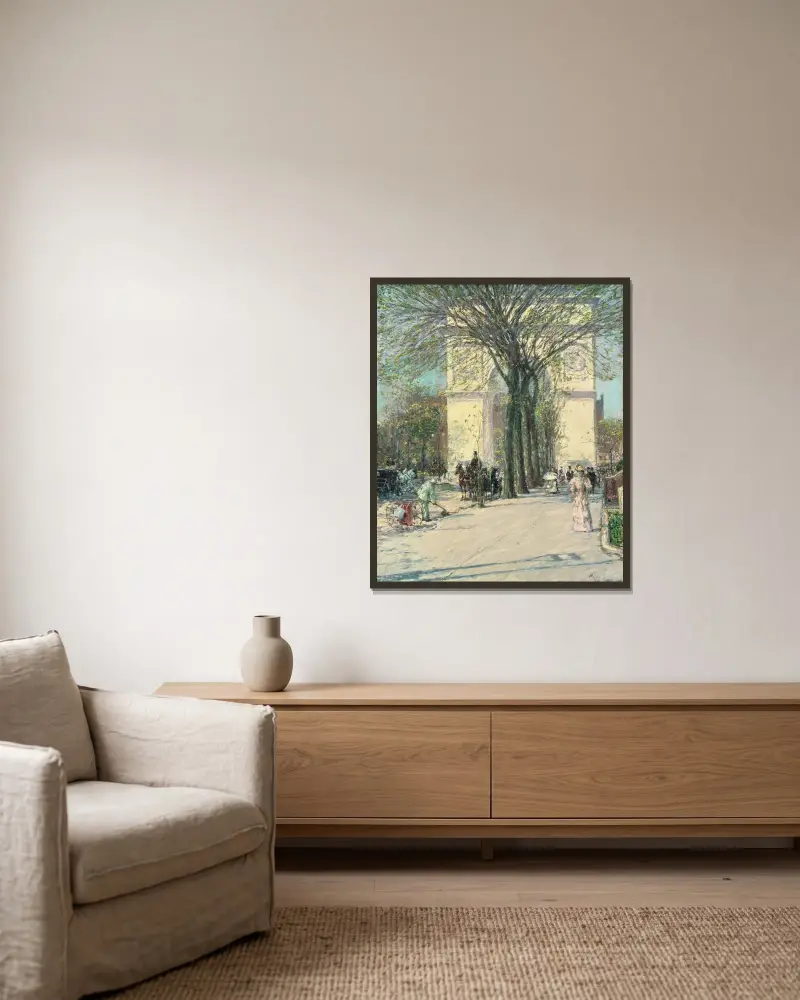 Washington Arch im Frühling von Childe Hassam gerahmt an einer Wand