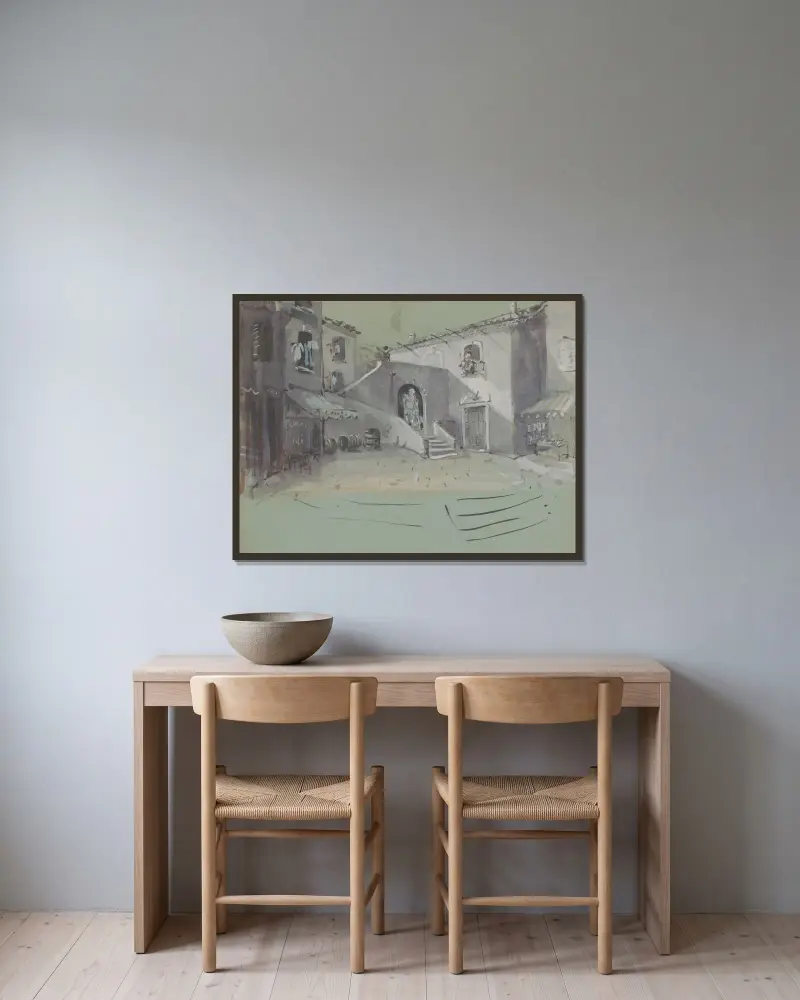 Cour de maison – maquette de décor av Christian Bérard inramad på en vägg