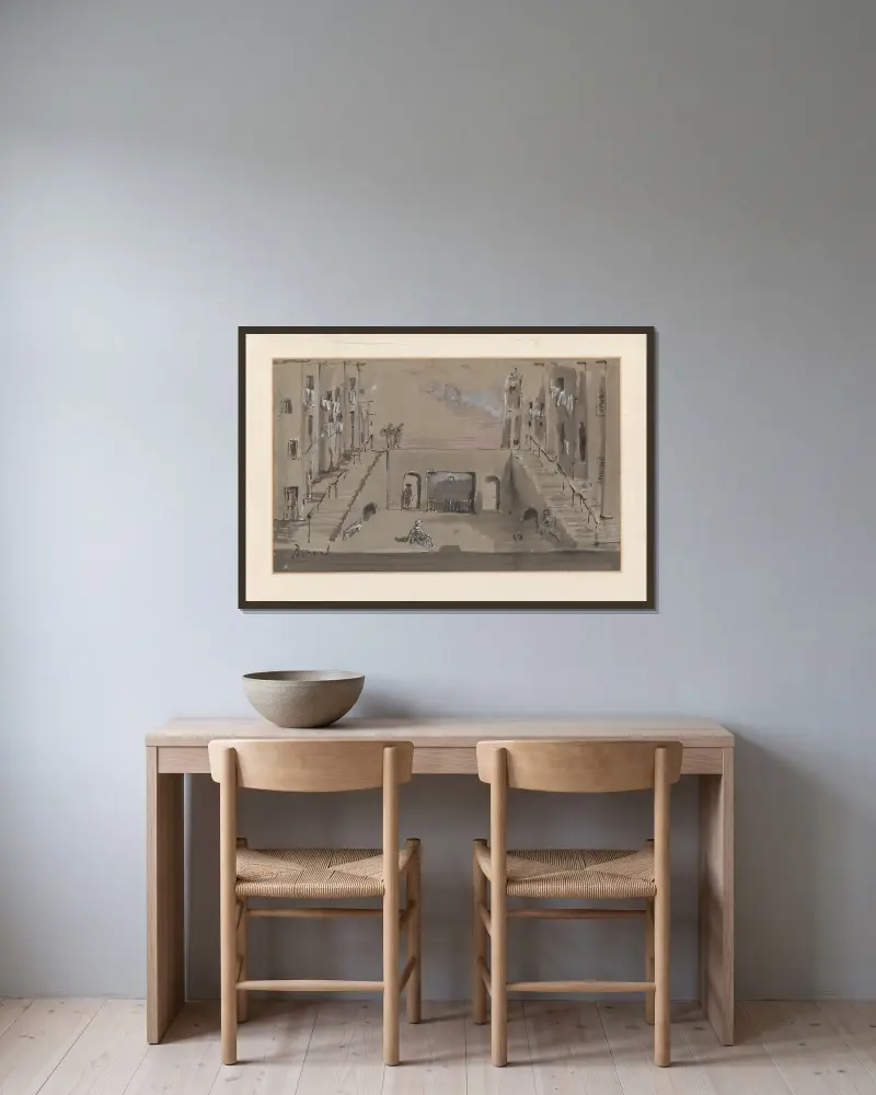 Les fourberies de Scapin – maquette de décor – rue avec venelles en escalier à droite et à gauche av Christian Bérard inramad på en vägg