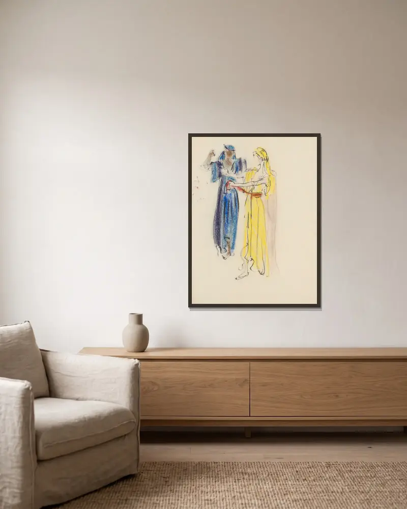 Sodome et Gomorrhe – maquette de costume – deux femmes, tunique jaune, tunique bleue av Christian Bérard inramad på en vägg