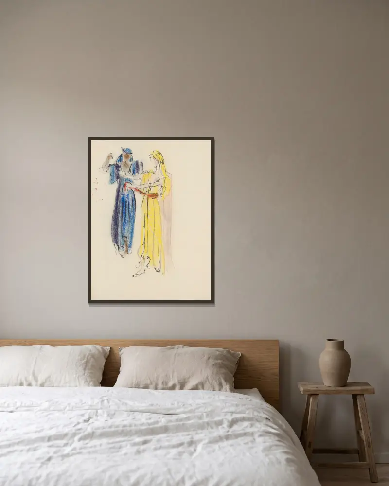 Sodome et Gomorrhe – maquette de costume – deux femmes, tunique jaune, tunique bleue av Christian Bérard inramad på en vägg