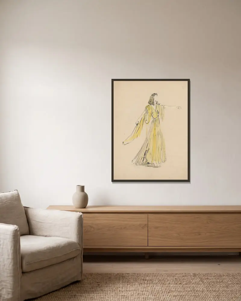 Sodome et Gomorrhe – maquette de costume – femme en robe jaune av Christian Bérard inramad på en vägg