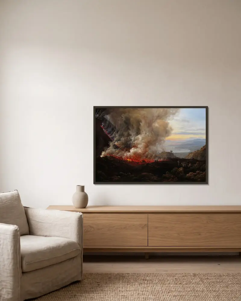 Ett utbrott av Vesuvius av Johan Christian Dahl inramad på en vägg