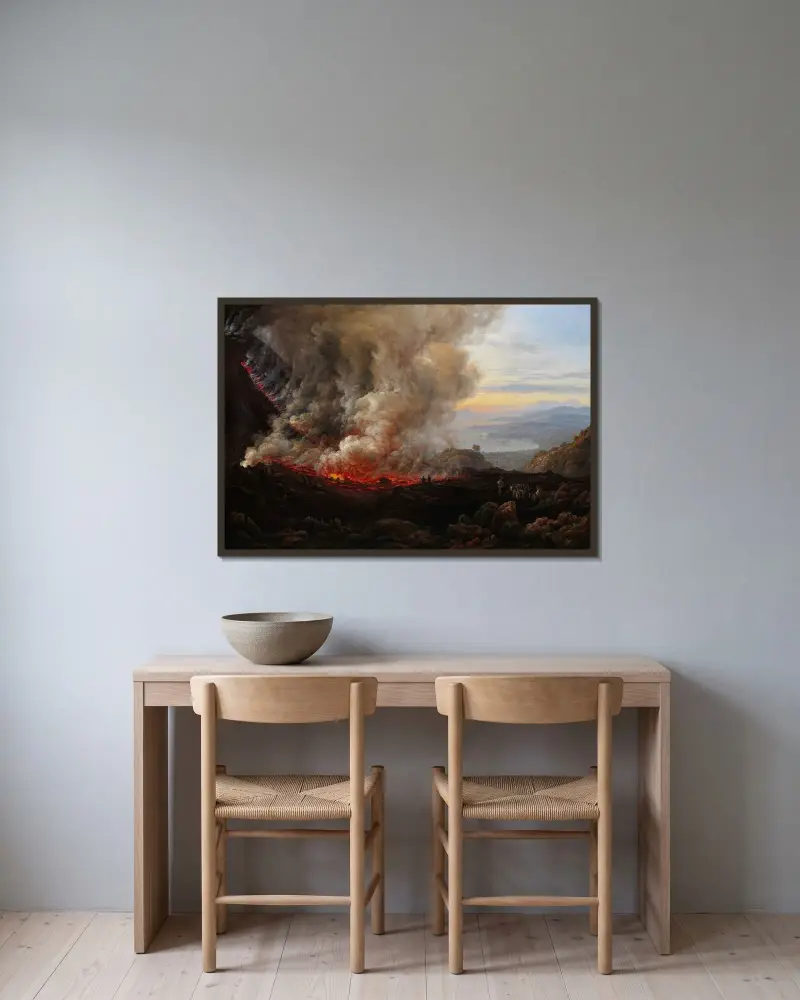 Ett utbrott av Vesuvius av Johan Christian Dahl inramad på en vägg